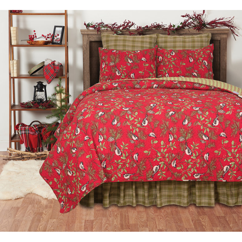 Chickadee Red Cotton Reversible Quilt Set, King Quilt + 2 Shams