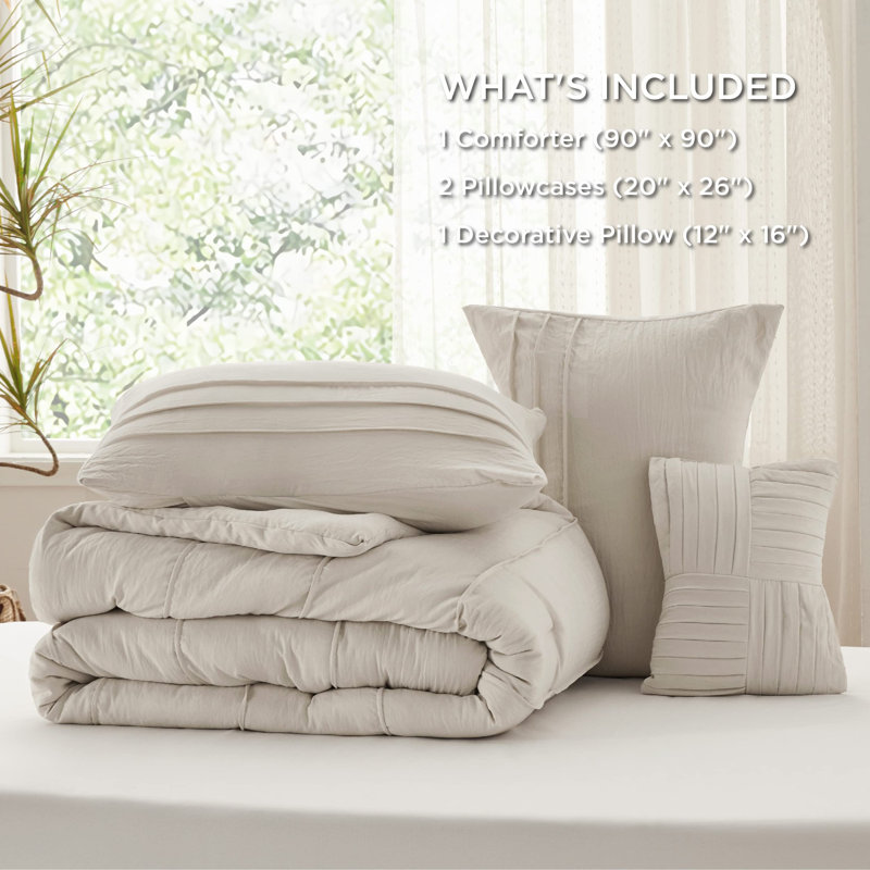 Bedsure Pinch Pleat Comforter Set Boho Bed-in-A-Bag Bedding Set with  Pillowcases for All Season, White