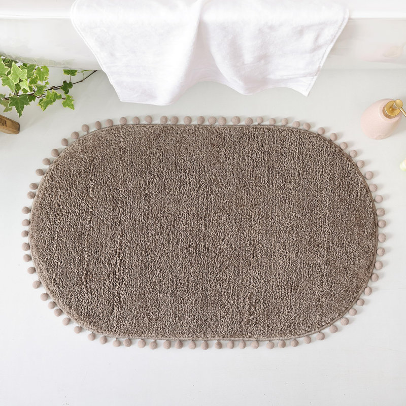 Yirddeo Bath Mat Oval Rug With Pom, Boho Rugs For Bedroom And Bathroom With Non Slip, Single- 30" L x 20" W, Oatmeal