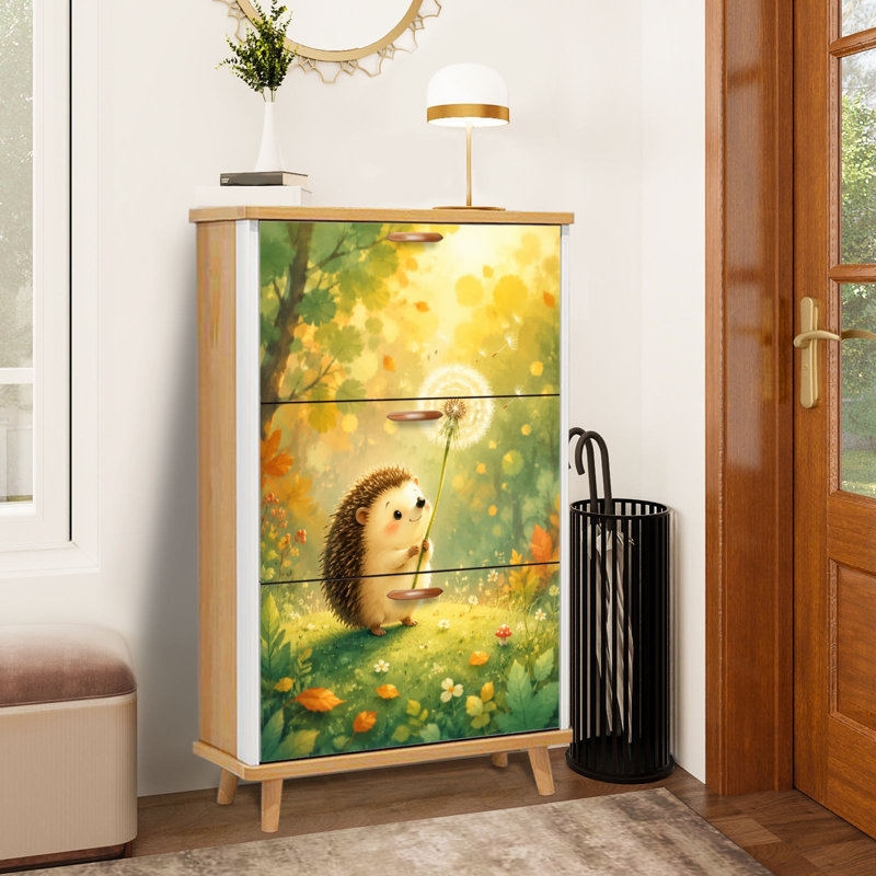 Armoire de rangement pour chaussures avec 3 tiroirs rabattables pour un adorable hérisson tenant un organisateur de rangement à chaussures avec pissenlit