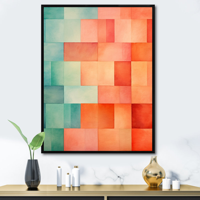 Coral Cubes Melody Shapes - Formes abstraites, reproduction sur toile, Cadre flottant noir, H 32 po x l 16 po x P 1 po