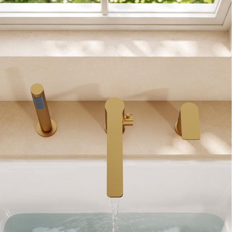 Single-Handle 3-Hole Deck Mount Roman Tub Faucet with Hand Shower and 360° Swivel Spout, Brushed Gold