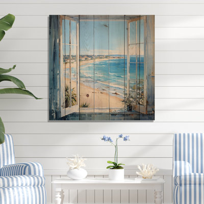 «Coastal Window View By The Beach III» - impression de bord de mer sur bois