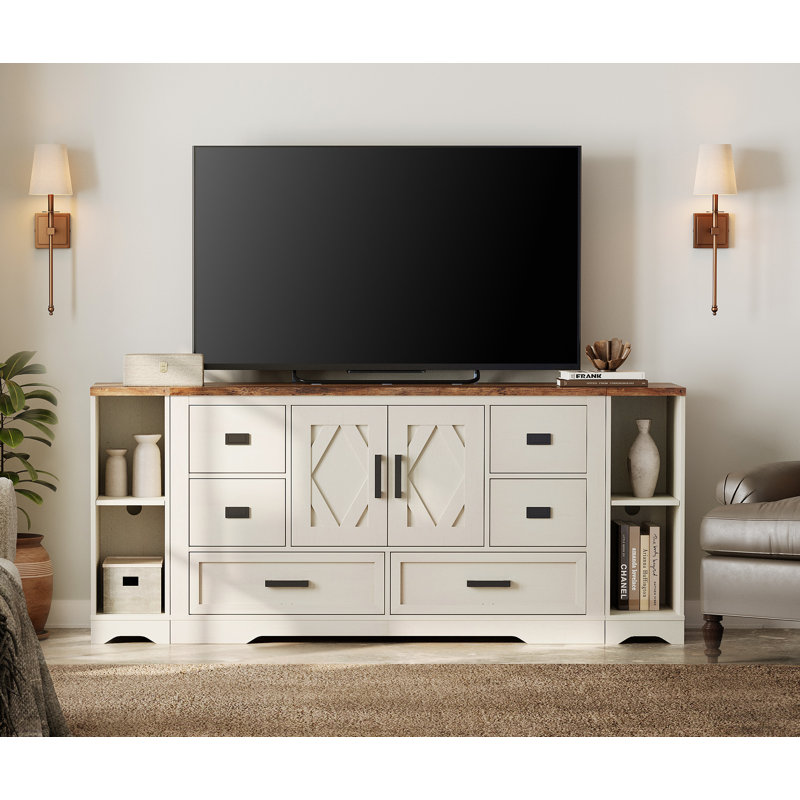 Glenford 73.5" Wide Wood Barn Door Accent Cabinet With 6 Drawers And Open Storage Shelf, Oak Wood/White