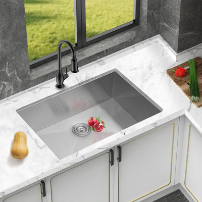 16 Gauge 28 Inch Undermount Kitchen Sink, 9 Deep Single Bowl, Brushed Nickel Finish, Drain Assembly, - Condensation Coating, Easy Drainage, Noise Reduction Bowl Deep, Nickel, X Shaped Water Guide,