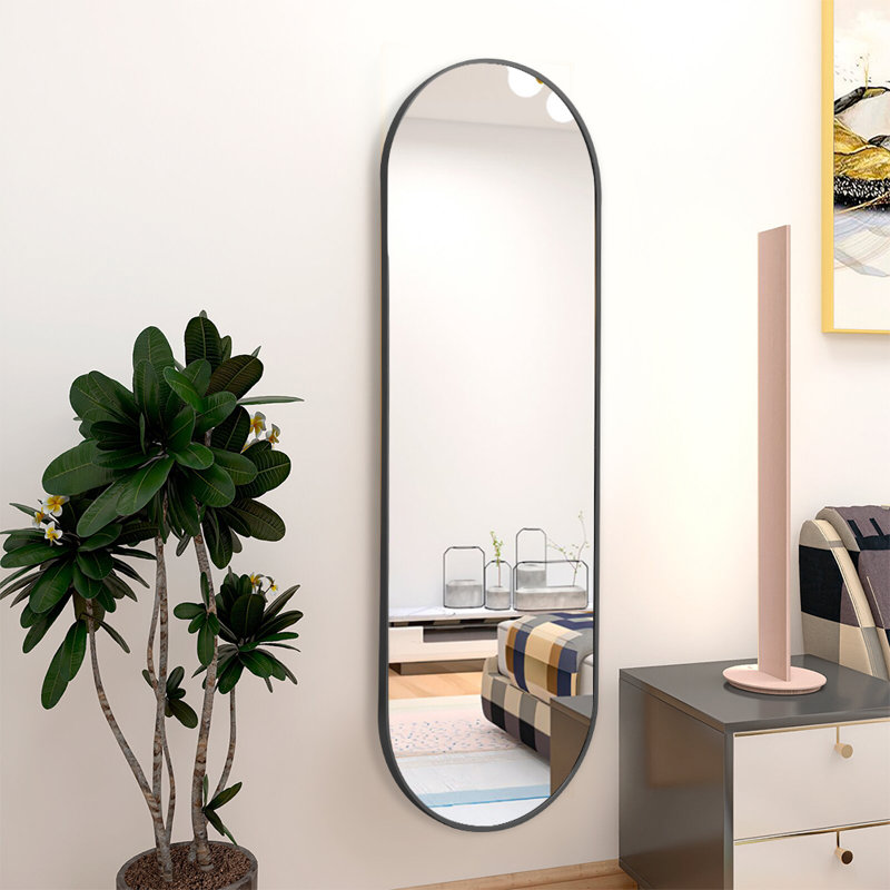 Lottie Oval Metal Framed Wall Mounted Full Length Mirror, Black, 120cm x 40cm