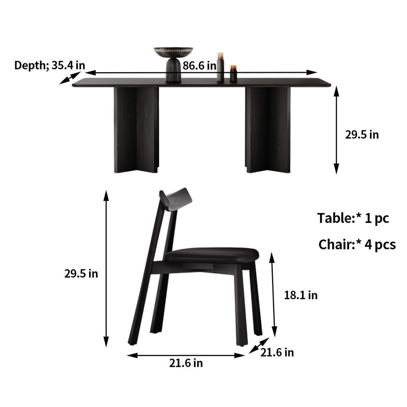 Vintage Family Dining Table And Chairs 4 - Person Double Pedestal Dining Set, 29.5"H x 86.6"L x 35.4"W