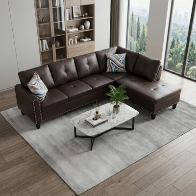 Brown Faux Leather Sectional With Storage Ottoman