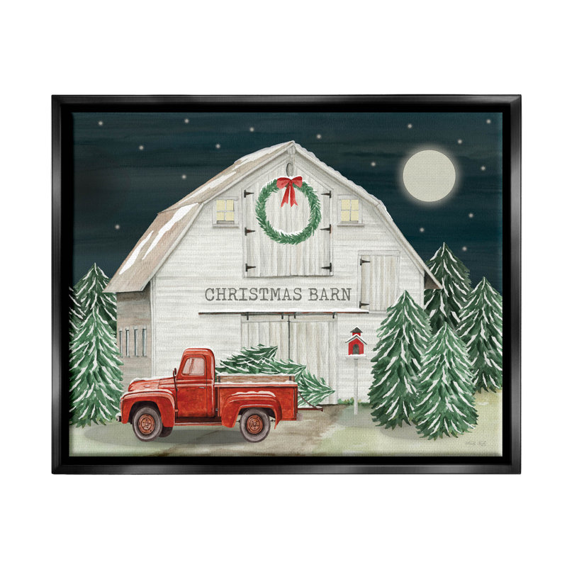 «Nighttime Christmas Barn Farm» par Cindy Jacobs - peinture à cadre flottant sur toile, H 17 po x l 21 po x P 1,7 po