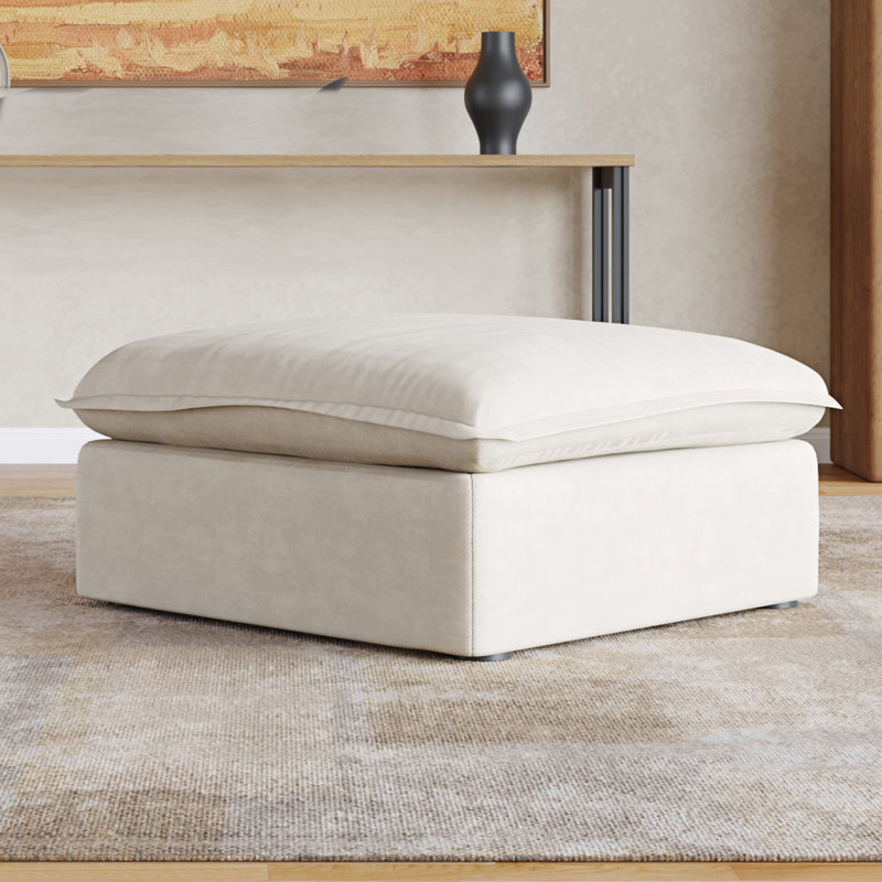 Fairford Upholstered Linen Velvet Slipcovered Ottoman, Linen Blend Beige