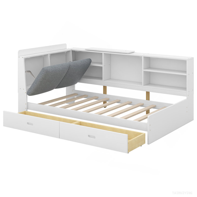 Lit plateforme en bois avec tête de lit, tablettes et 2 tiroirs, blanc