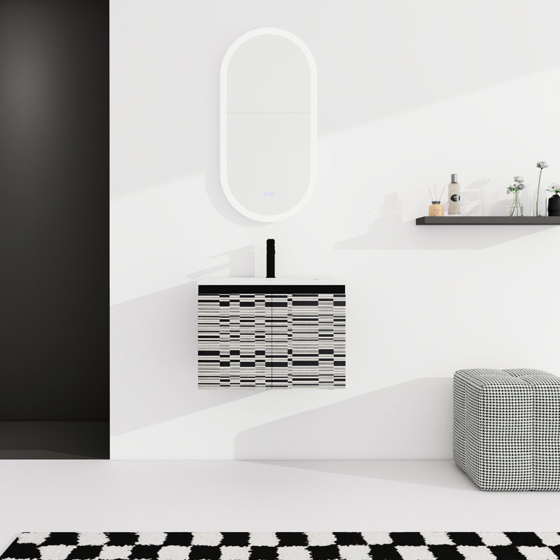 Meuble-lavabo de salle de bain avec lavabo en céramique et porte à fermeture en douceur. Fixé au mur 24 po. Moderne. Contreplaqué. Noir Améliore le rangement et le style moderne. Grace