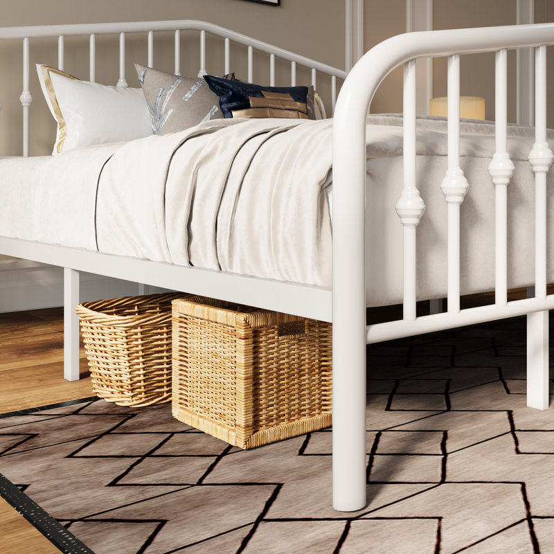 Fordingbridge Black Metal Platform Bed with Vintage-Style Headboard and Footboard, King, White
