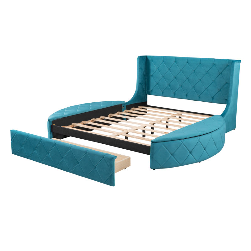 Lit plateforme tapissier en velours avec tête de lit à oreilles, 1 grand tiroir et 2 tabourets de rangement latéraux