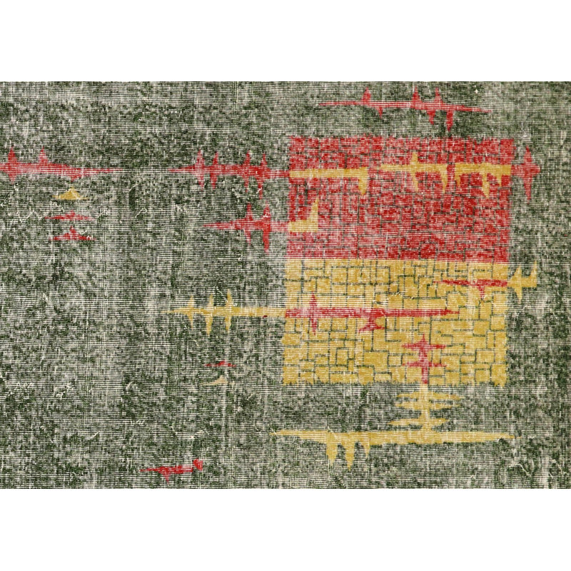 One-of-a-Kind Hand-Knotted 1960s 6'6" x 10'8" Wool Area Rug in Dark Green/Red/Yellow