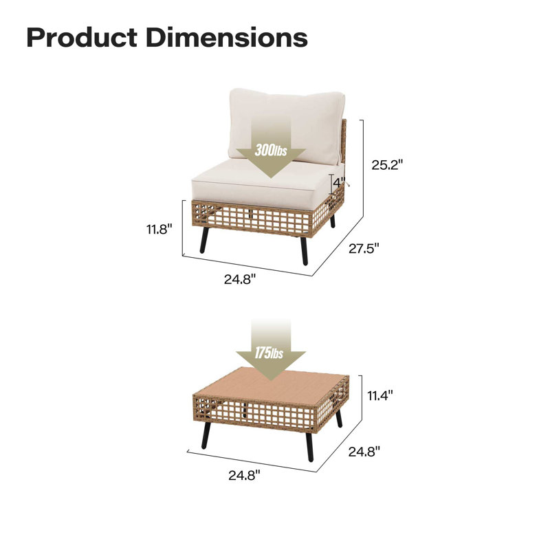 2-Person Outdoor Modular Armless Wicker Sofa Set with Coffee Table, Beige