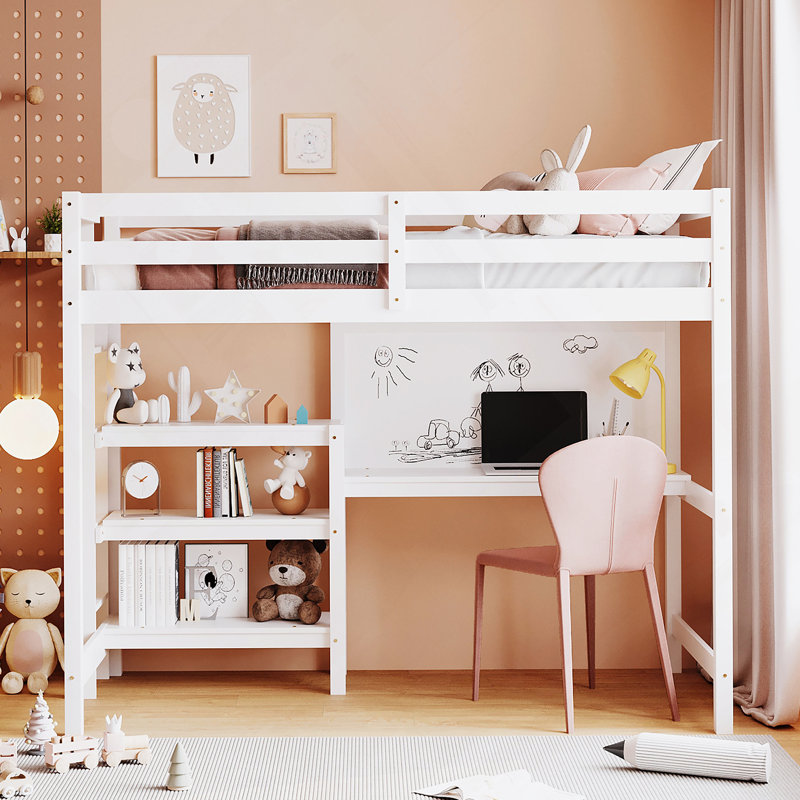 Lit mezzanine en bois avec tablette et plateau d'écriture, Blanc