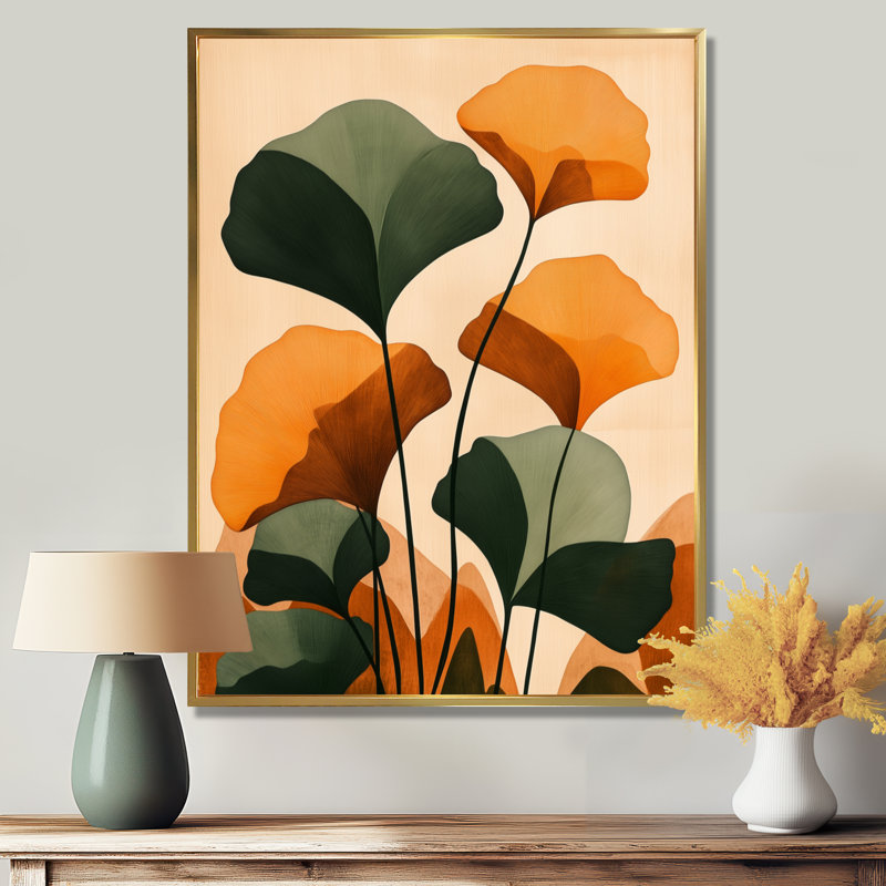 Feuilles de ginkgo d'automne II - Impression sur toile botanique, H 32 po x l 24 po, Cadre flottant doré