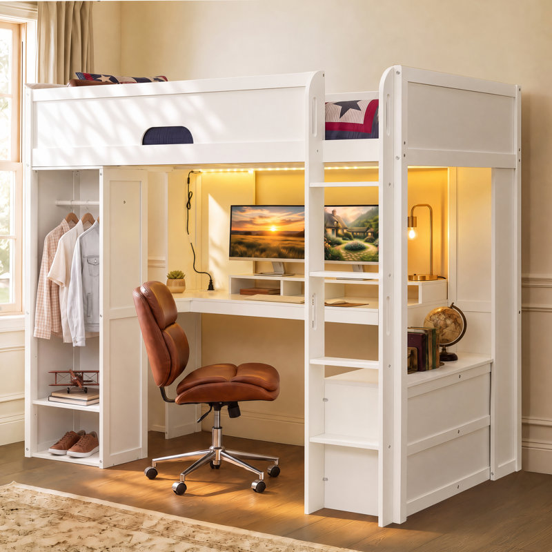 Lits multifonctionnels avec rangement, loft moderne en bois aggloméré moderne pour la maison, Blanc