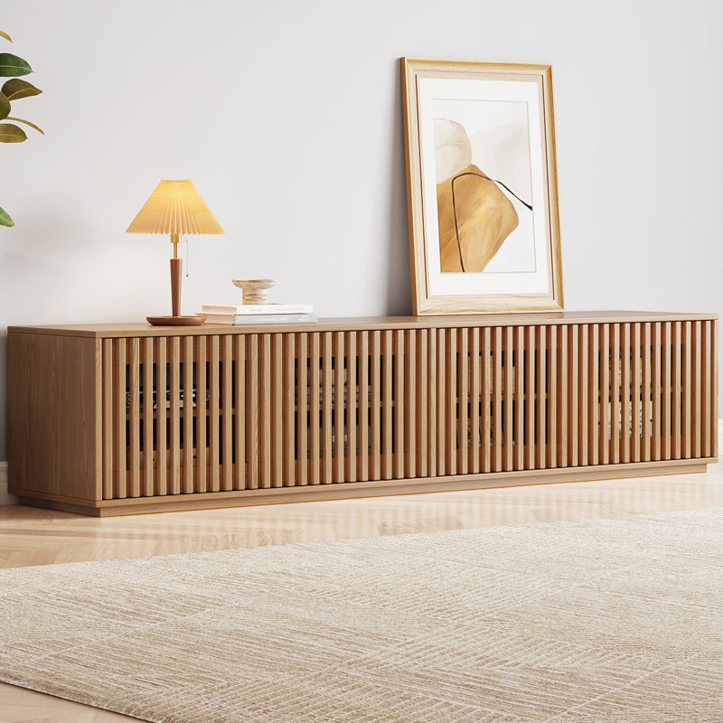 Wood Grain Slatted TV Stand, Modern Low Profile Media Console Cabinet with Storage Shelves, 42cm H x 160cm L x 40cm D