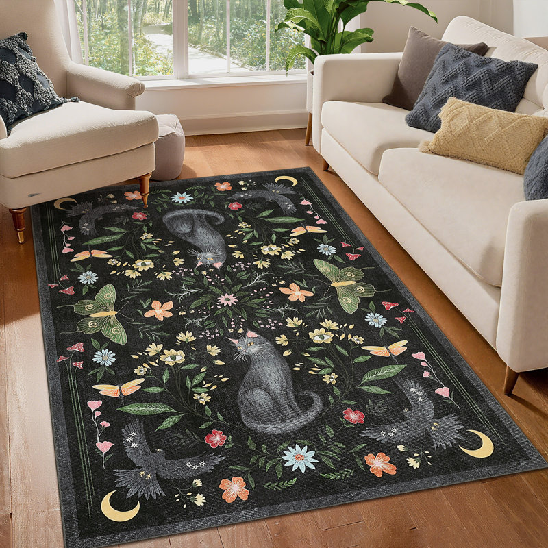 Vintage Cute Cat Machine Washable Rug with Rubber Backing for Living Room Stain Resistant Non-Slip Dining Room Rug Easy-Cleaning Floor Carpet for Bedroom