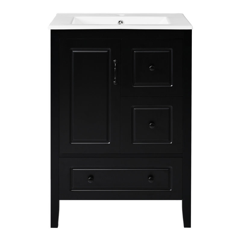 Meuble-lavabo de 24 po d'inspiration rétro noire avec lavabo en céramique pré-percé, solutions de rangement à fermeture en douceur et poignées en métal rétro style autoportant pour lavabo nécessitant peu d'entretien