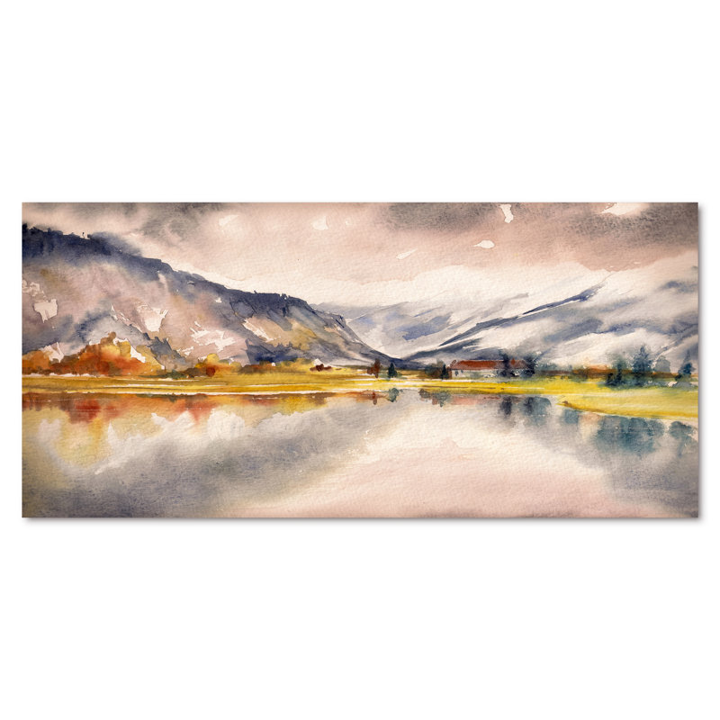 Paysage d'automne avec le ciel reflété sur le lac - Peinture sur toile, H 28 po x l 60 po, Toile tendue