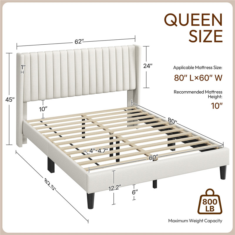 Upholstered Panel Bed, Queen, Ivory