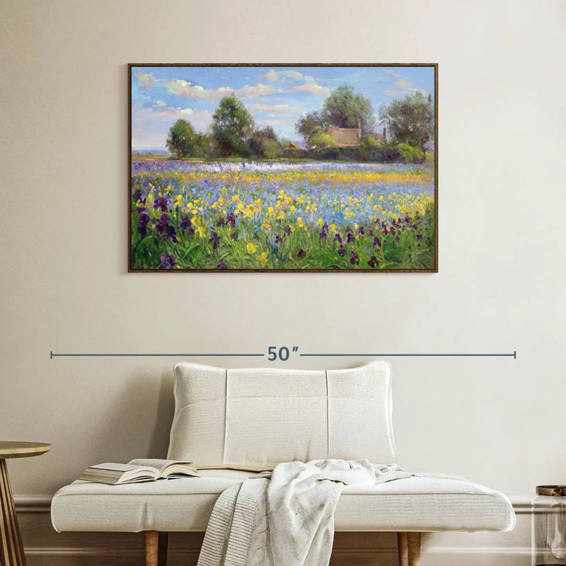 Ferme et champ d'iris, Cadre flottant noyer, 40 po x 27 po