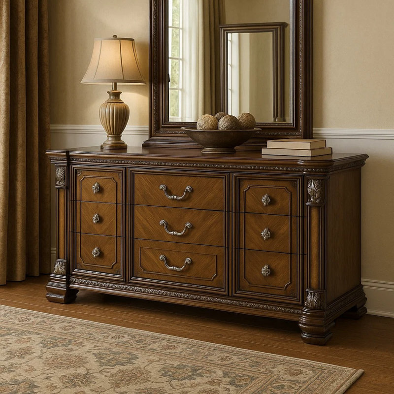 Naddy Wide Dresser, Ornate Carving, Brown Pine Wood, Espresso Brown