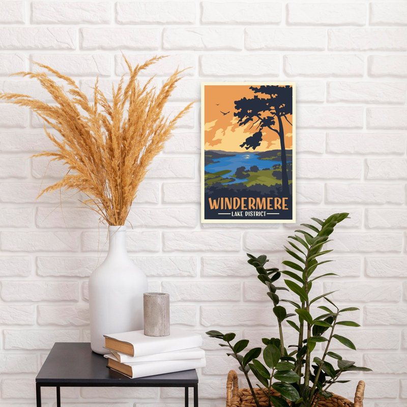 Windermere Lake District Sunset Abstract Contemporary Bird Landscape Tree Wall Art Print by Retrodrome - Wrapped Canvas Print