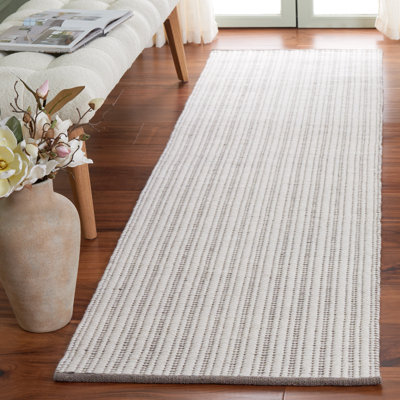 Tapis rayé en coton / laine 909 beige / ivoire tissé à la main