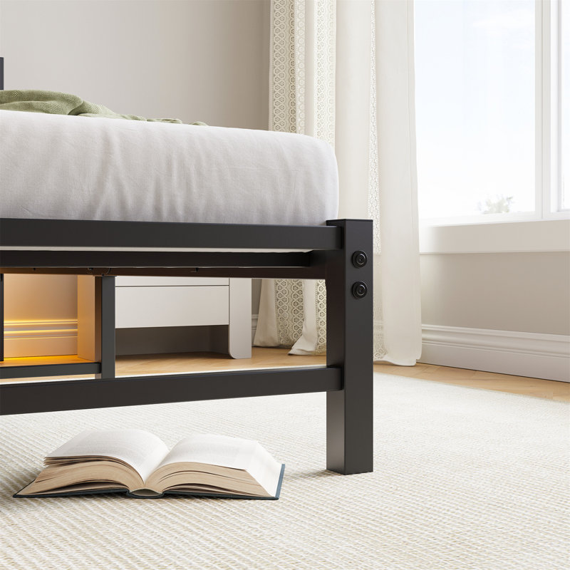 Base de lit plateforme simple avec tête de lit simple, charge USB, lumières DEL, sans sommier, lattes en acier robuste, silencieux, brun