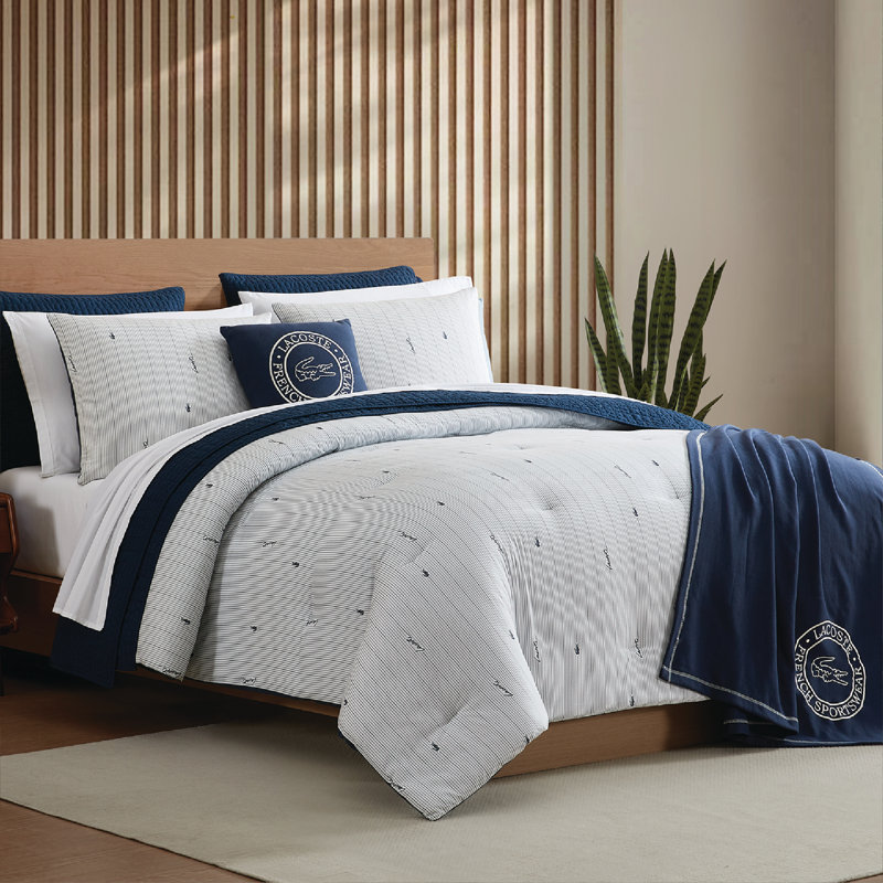 Lacoste Logo Stripe Cotton Twin 2-Piece Navy Comforter Set, Twin Comforter + 1 Sham, Navy Logo Stripes