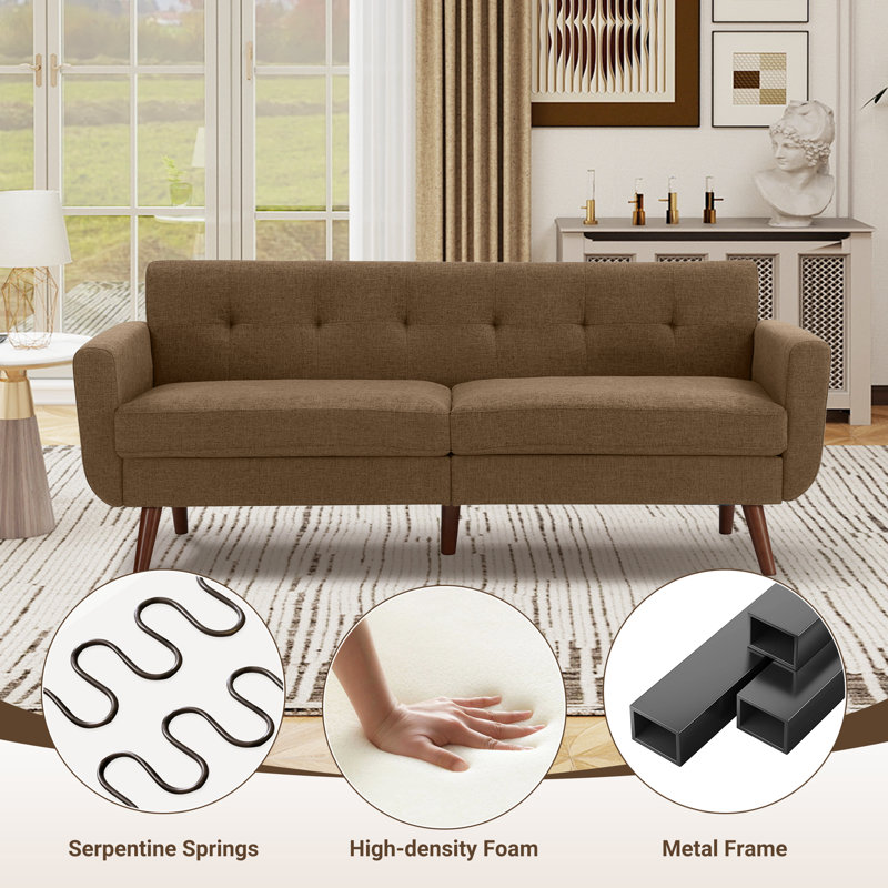 Delanie Cattaleya 78" Mid Century Modern Square Arms Linen Upholstered Sofa, Brown
