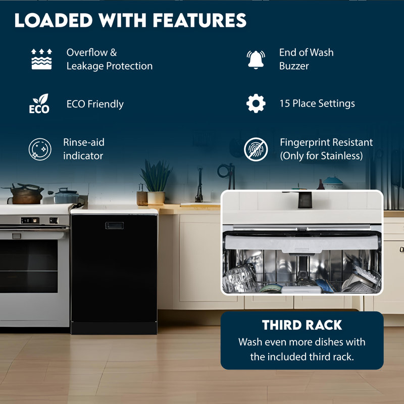 Equator 24 in Dishwasher Top Control 3 Rack 15 place 3.4g QUIET 51 dB 110V EStar, Black
