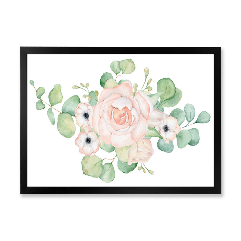 Fleurs et bouquet de feuilles d'eucalyptus II - Peinture sur toile, H 30 po x l 40 po x P 1,5 po, Cadre noir