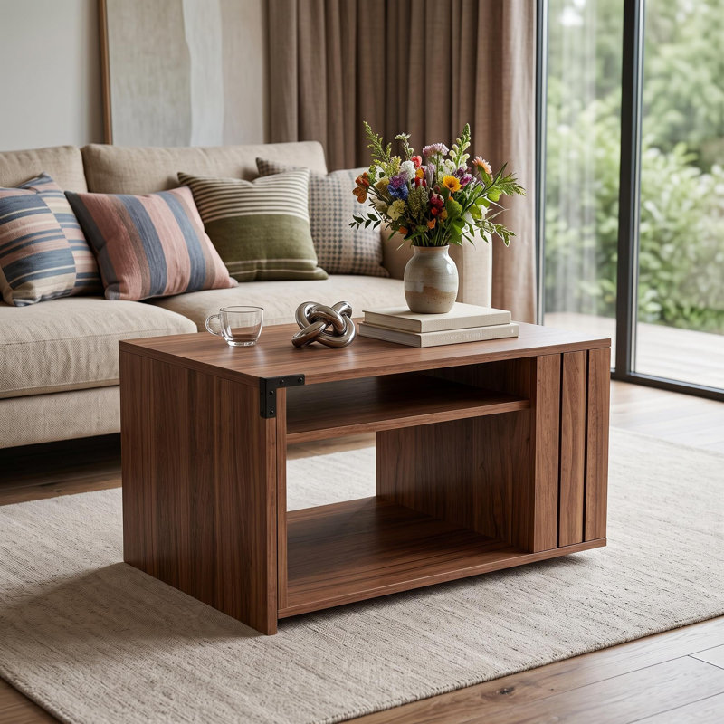 Table basse extensible en noyer avec rangement dissimulé, table basse moderne pour canapé, marron, Brun