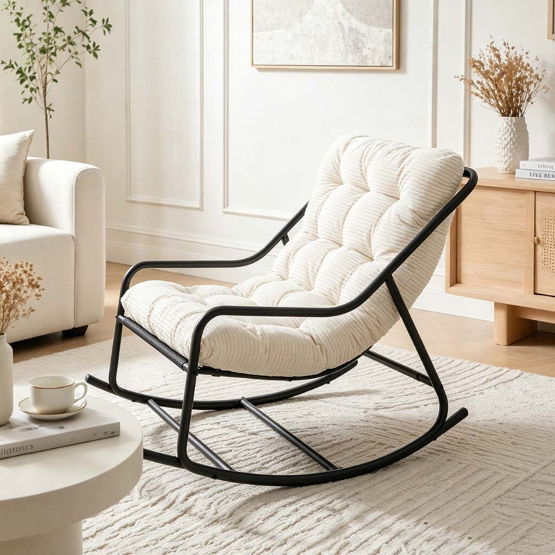 Chaise berçante d'extérieur, coussin confortable, avec coussin doux et épais, White