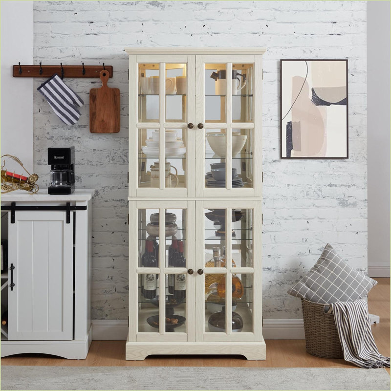 Cabinets Traditional Light Oak Curio Display Cabinet with Glass Doors, Adjustable Shelves, E26 Bulb Included | MDF+glass | Living Room