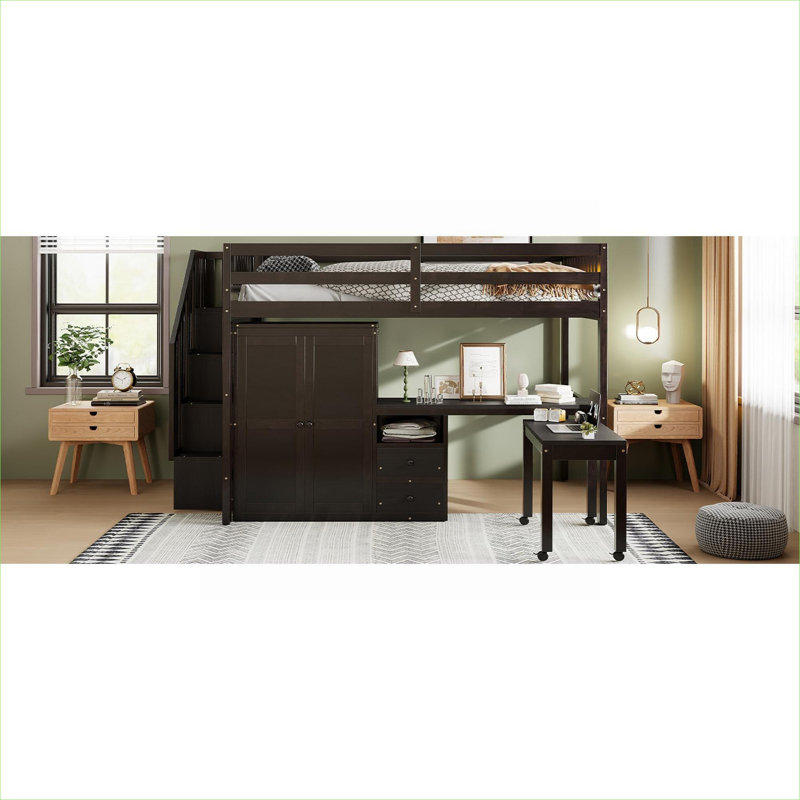 Lit plateforme double classique en bois massif avec rangement intégré pour enfants et adolescents