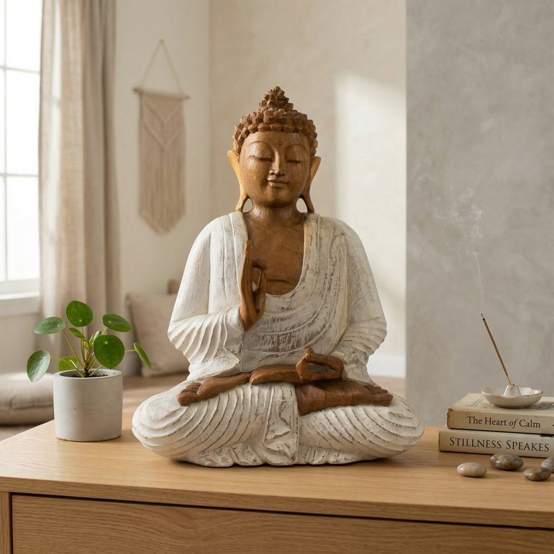 Statue de Bouddha en bois sculpté à la main Sculpture Vitarka Mudra blanchie à la main, décoration zen