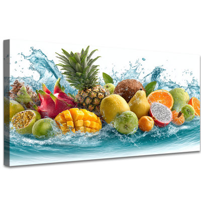 Œuvre murale de gros fruits - impressions de cuisine tropicale vibrante, décoration murale de photos fraîches pour la cuisine, peinture éclaboussante de fruits pour la salle à manger, toile tendue avec cadre en pin, 30 po x 60 po