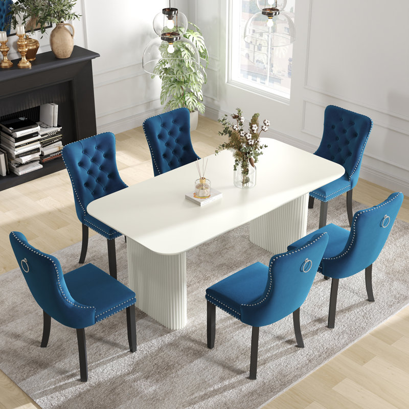 Ensemble de salle à manger rectangulaire à double piédestal avec table de salle à manger de style crème, 7, Blanc, Bleu