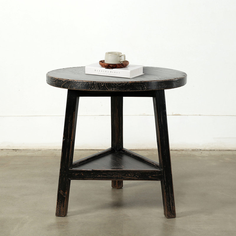 25 Inches Round Side Table with Shelf Weathered Natural with Distressed Gray, Black