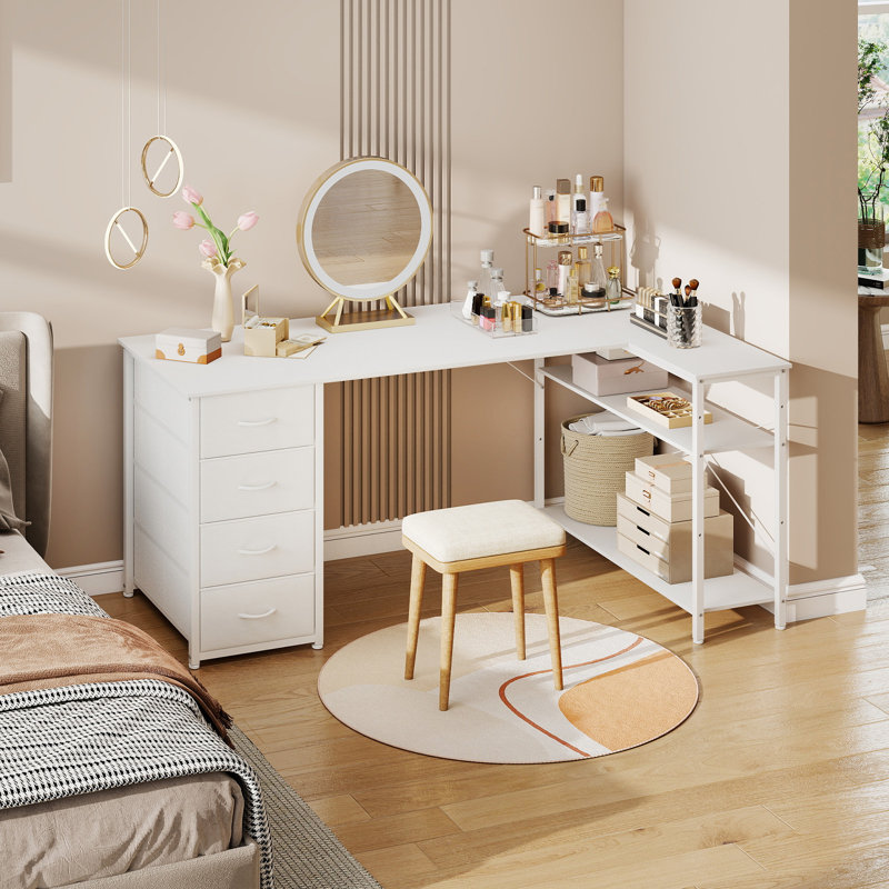  Bureau d'ordinateur en coin en L avec tiroirs et tablettes de rangement, table de bureau réversible blanche 55,1 po, 55.1"