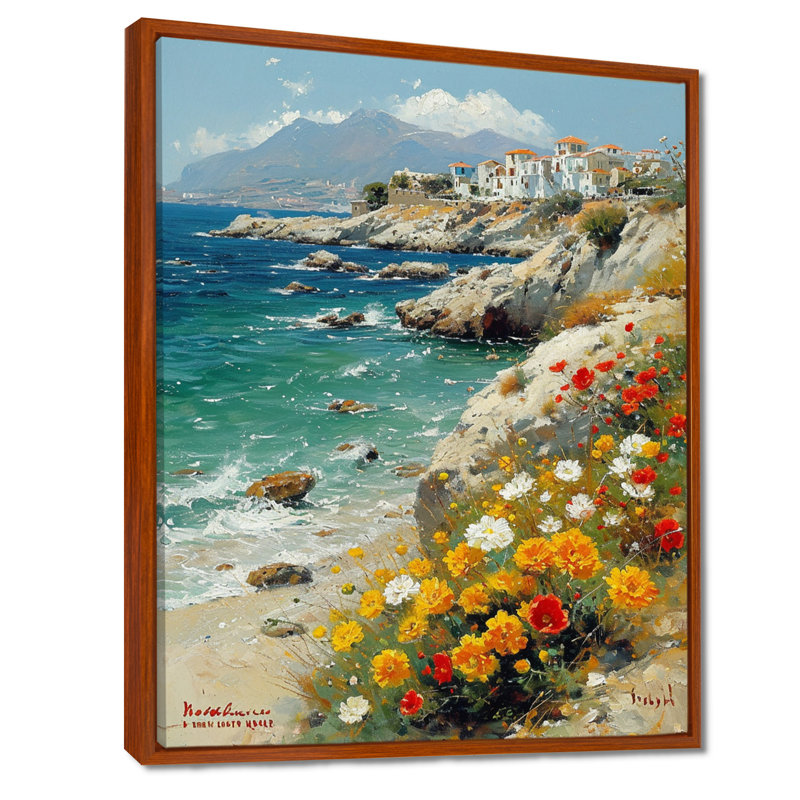 «Blooming Yellow Flowers Beach Town On The Rocks» - art mural plage de sable côtier, Toile avec cadre flottant brun