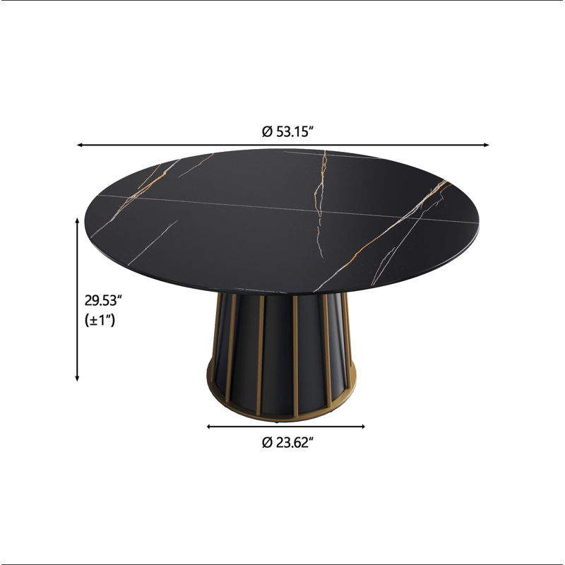 Table de salle à manger de 53,15 po en pierre artificielle ronde et ronde en métal noir pouvant accueillir 6 personnes (sans les chaises).