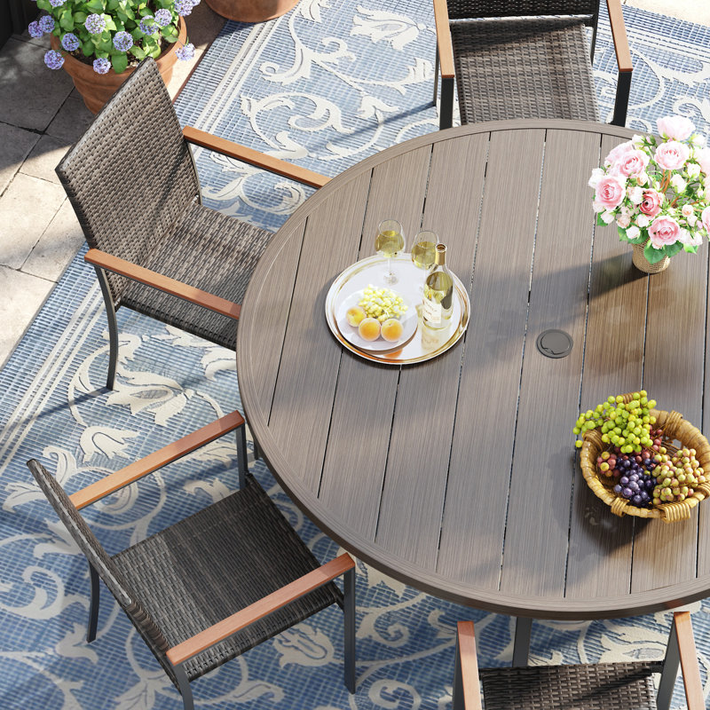 Ensemble de salle à manger de patio extérieur 6 personnes Orlison avec chaises en rotin PE, Gris