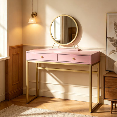 Coiffeuse rose et or avec tiroir double, miroir rond et compartiments à bijoux